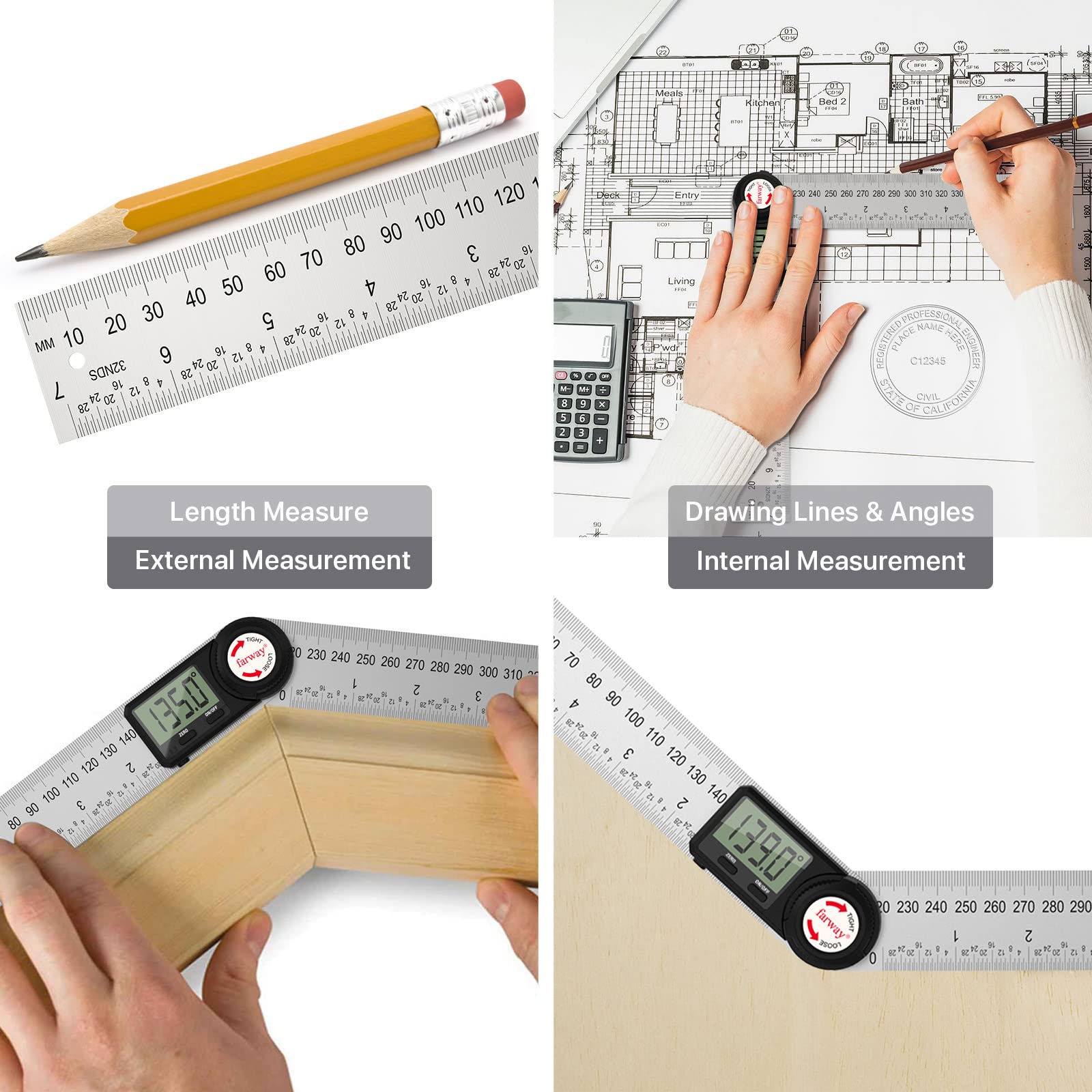 KIPRUN Digital Angle Finder, 4 In 1 Digital Protractor Ruler Level Tool - View #11