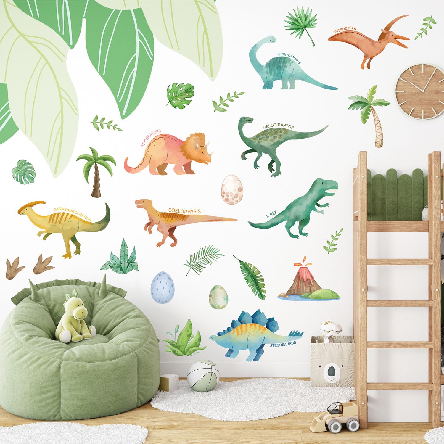 MagiMural Watercolor Dinosaur Wall Stickers, Leaf Coconut Volcano Peel and Stick Wall Decals - Image 2