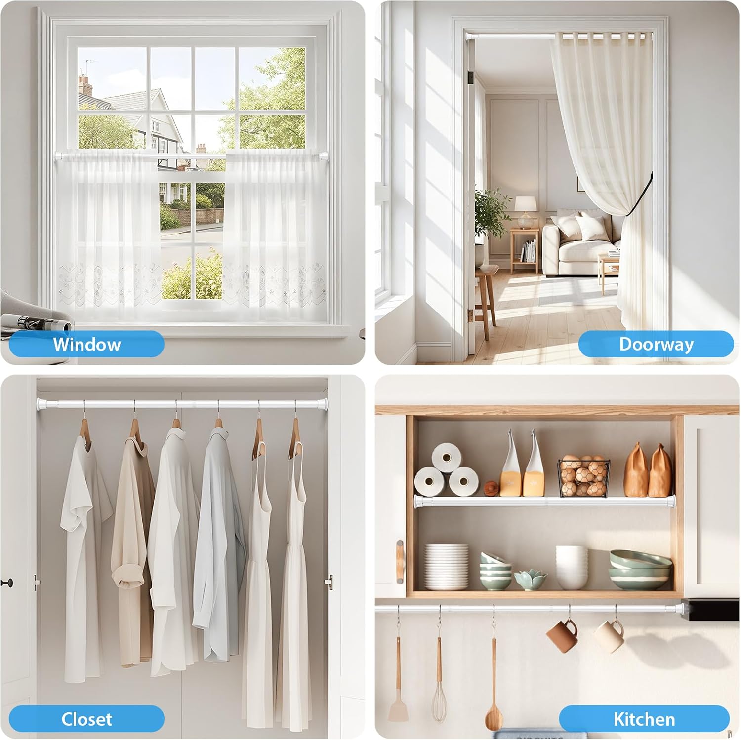 4 Pack Tension Curtain Rod 30.5 to 62.8 Inch No Drilling, Adjustable Spring Tension Rod 7/8" Diameter Non Slip, White Shower Curtain Rod for Windows, Bathroom, Doorway, Closet, Kitchen