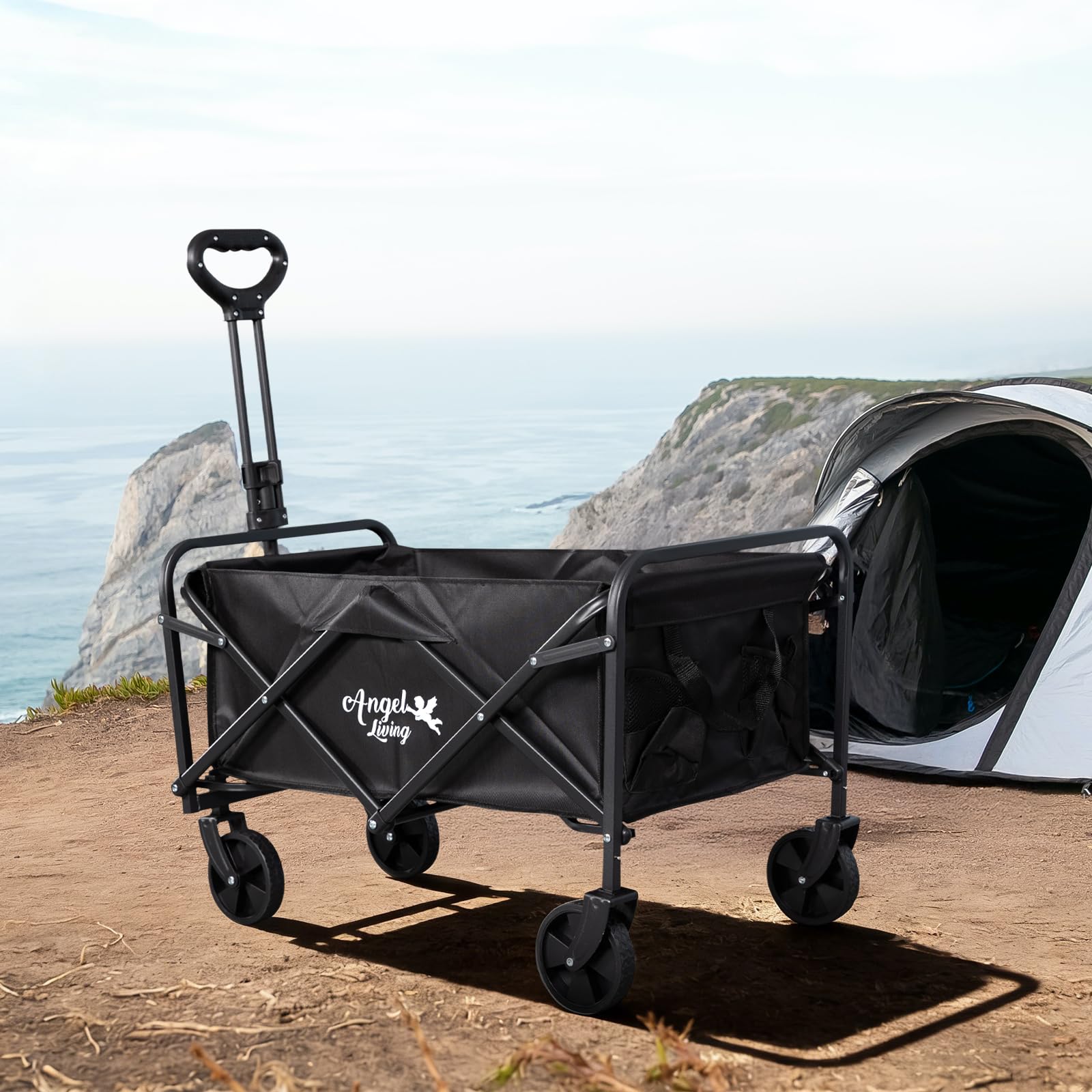 Angel Living Chariot de Transport Pliable, 200L Grande Capacité, 100kg Charge Statique, Chariot de Camping Tout Terrain avec Poignée Réglable, pour Jardin, Plage, Festival, Courses, Pique-Nique, Noir