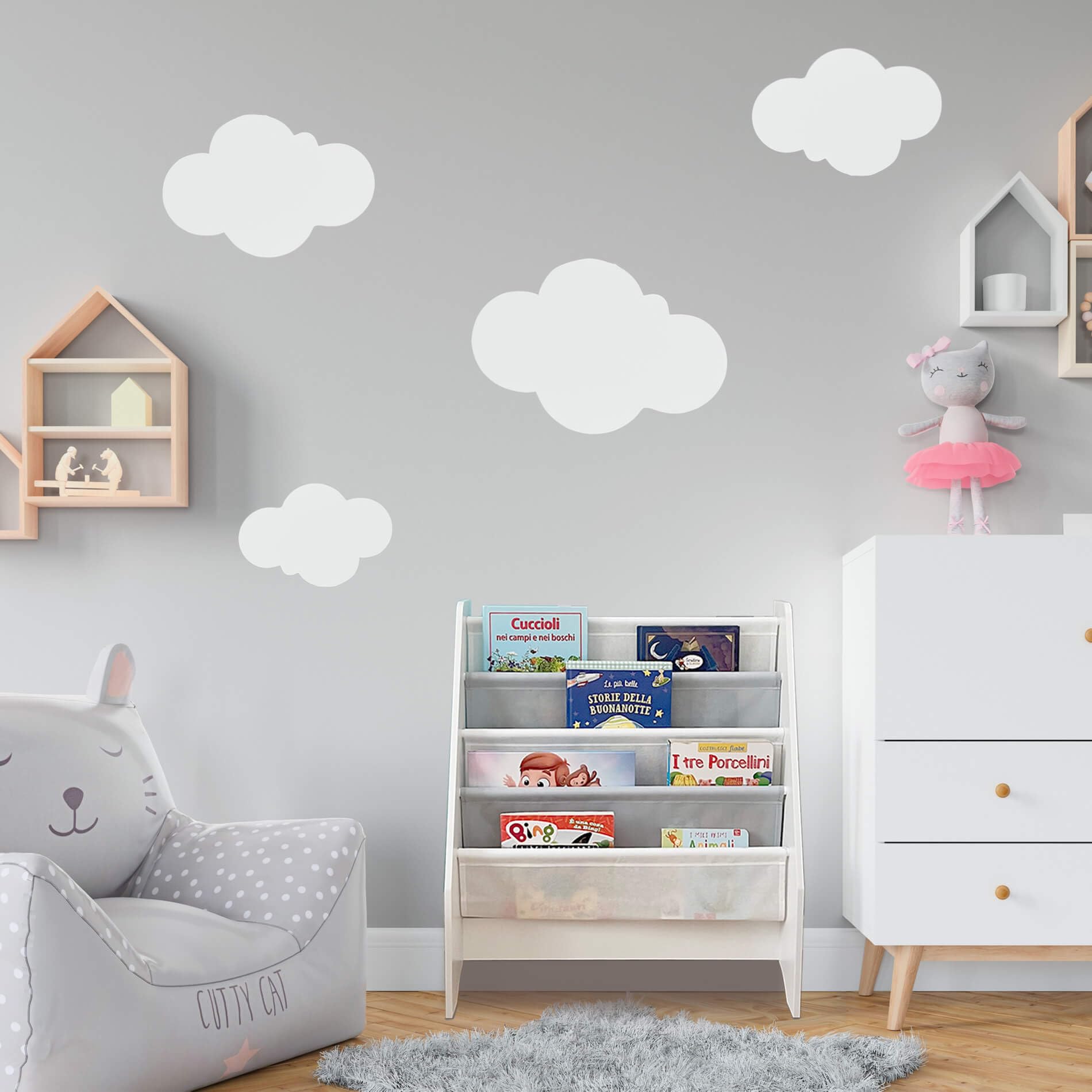Rebecca Mobili Scaffale Per Bambini, Libreria Montessori, Bianco Grigio, MDF TNT, Con 4 Ripiani, Per Libri Quaderni - Misure HxLxP: 71 x 61 x 29 cm - Art. RE6845