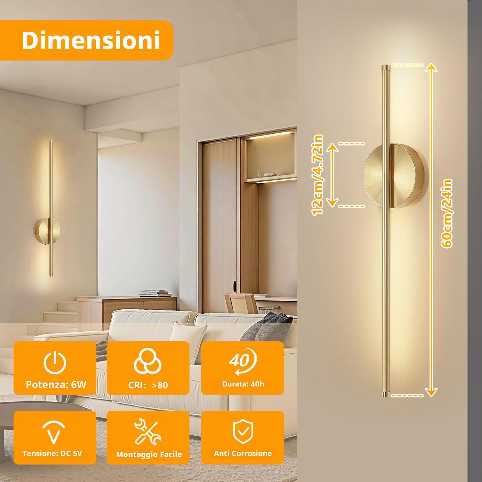 Applique da Parete Interno LED Ricaricabile 2 PCS - Lampada Comodino Con Interruttore/Telecomando Dorata 60CM - Lampada da Parete Dimmable 3 Temp. Color per Camera da Letto, Soggiorno, Scale