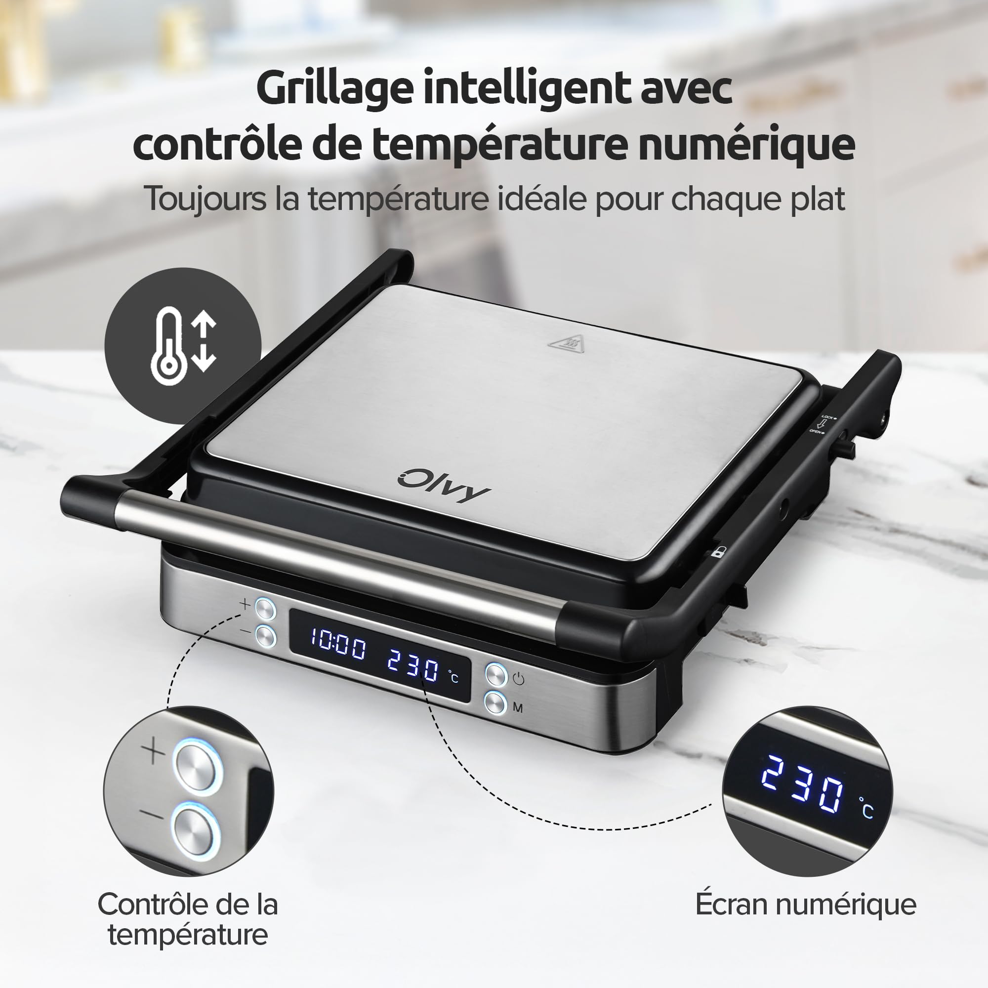 Olvy Appareil à Croque-Monsieur XXL, 2000W, Sandwichmaker, Machine a Panini, 3-en-1, Gaufrier & Grille de Contact, Plaques Antiadhésives, Ouverture 180°, Température Réglable, Minuterie