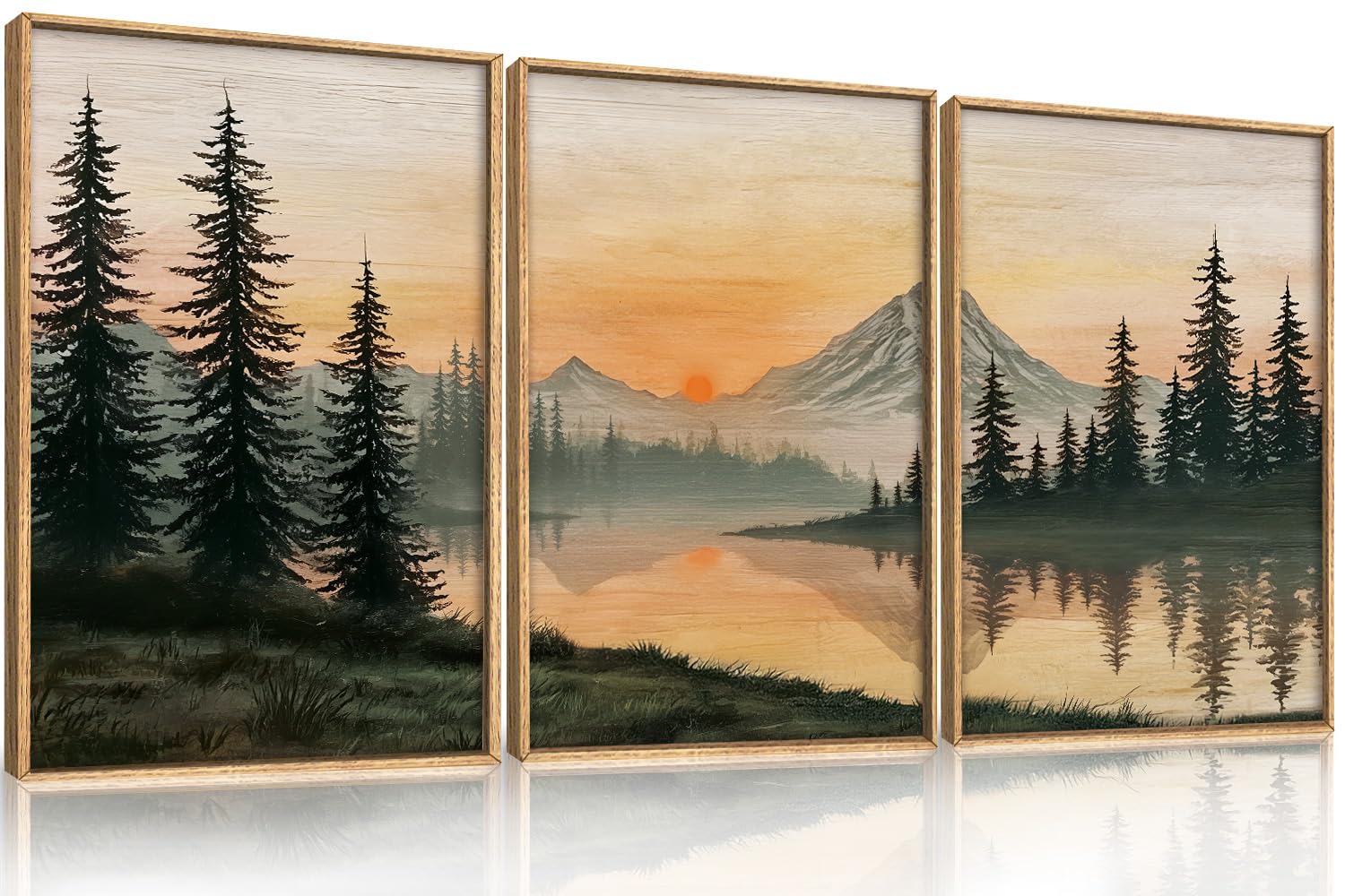 KAIRNE Mountain Lake Sunset Canvas Wall Art, Pine Tree Forest Nature Landscape Prints, Rustic Wood Effect Wall Decor for Living Room Bedroom Office 12 x 16inch x3 — image 1