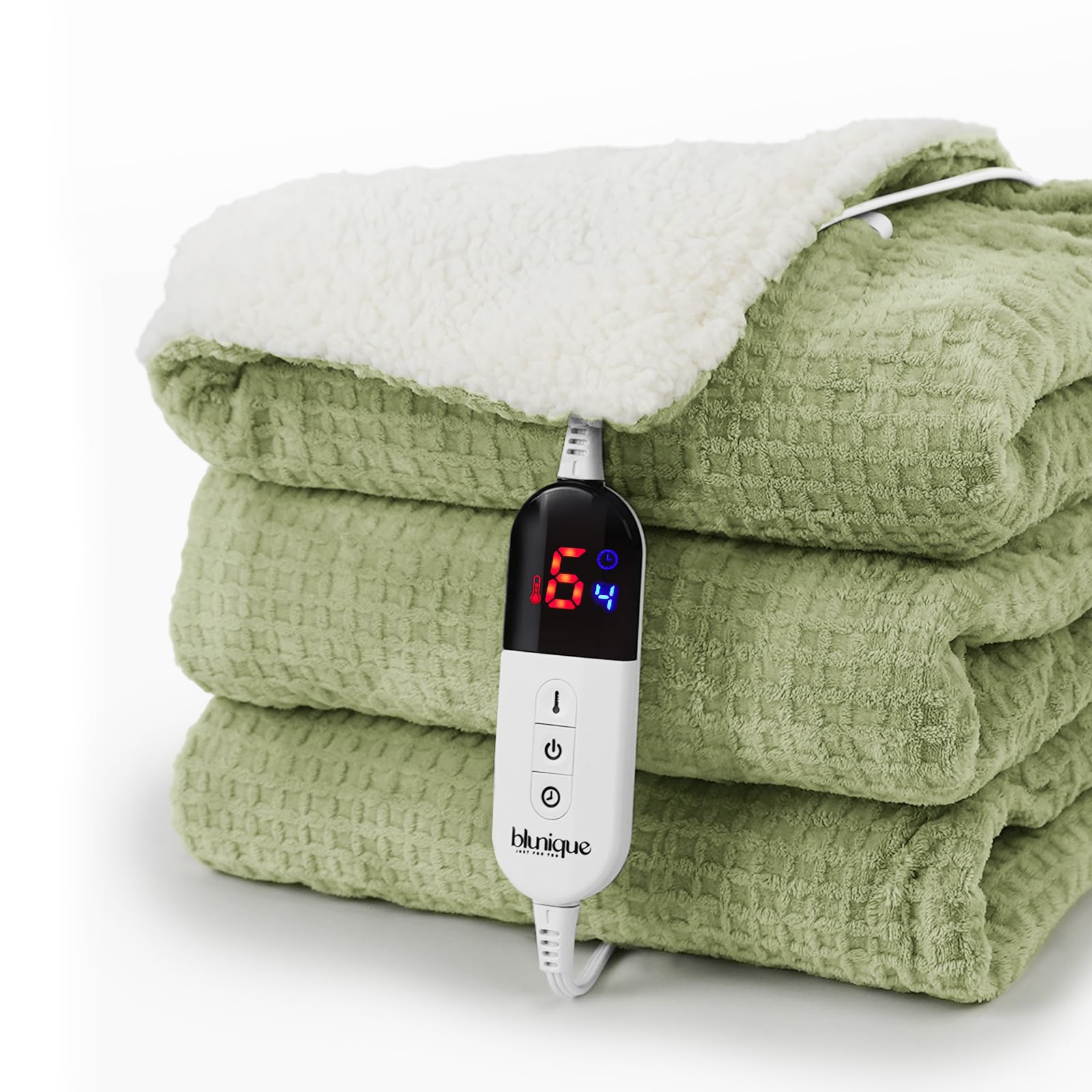 Heated Blanket Electric Throw Waffle, 50x60 Inches Sherpa Fleece Fast Heating Blanket 6 Heating Levels & 4 Hours Auto Off ETL Certification, Sage Throw