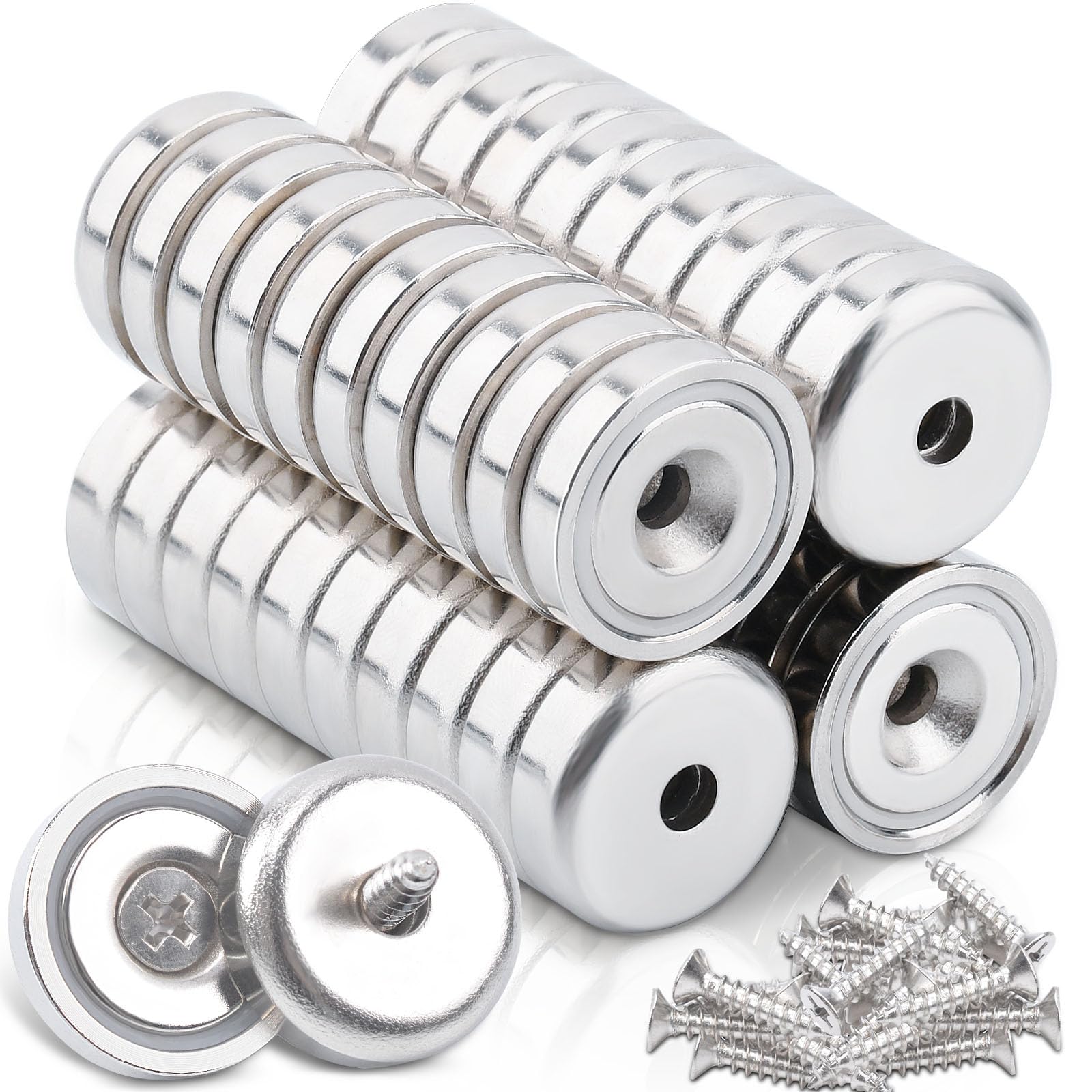 FPMYB Lot de 40 aimants en néodyme extra puissants - 10 kg de force - 20 x 7 mm - Avec trou et capsule - Aimants en pot à tête fraisée avec vis et coussin en acier - Aimants puissants pour cuisines,