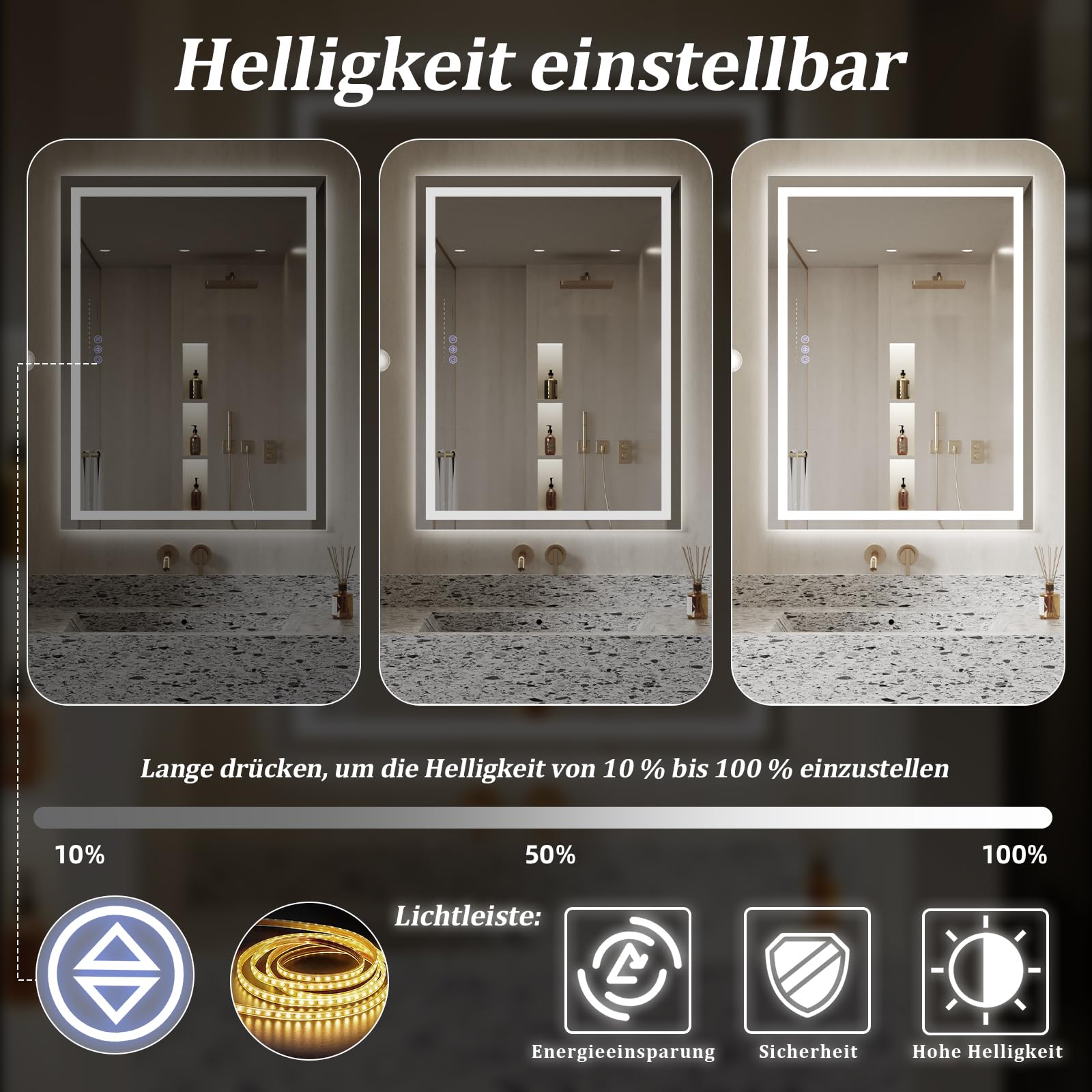 Koonmi 70x50 cm LED Badezimmerspiegel - 3 Einstellbare Beleuchtungsmodi, Beleuchteter intelligenter Badezimmer Spiegel mit Front- und Rücklicht, Memory-Funktion, wandmontiert horizontal und vertikal