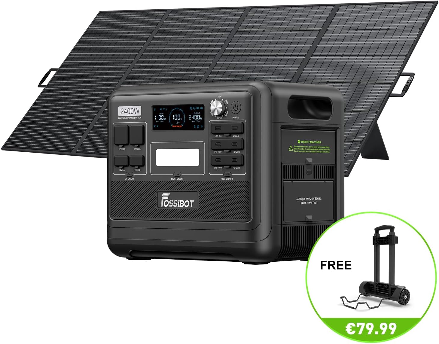 Vue d'ensemble de la batterie portable Fossil F2400 2048Wh et ses sorties