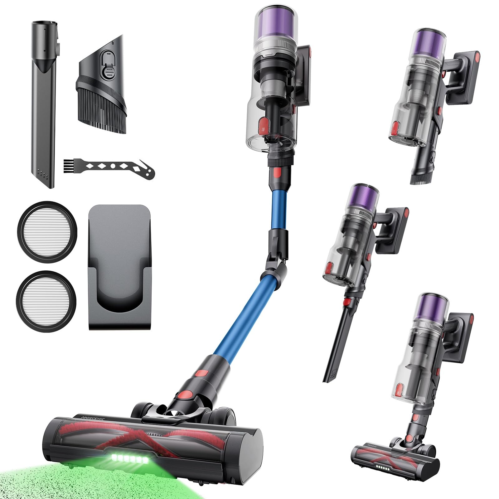 Proscenic P16 Aspirapolvere senza Fili 550W/50KPA/65Min, Scopa Elettrica senza Fili con Tubo Pieghevole, Autonomia conTouchscreen Spazzola Anti-Avvolgimento per Pavimenti/Tappeti/Peli (Blu)
