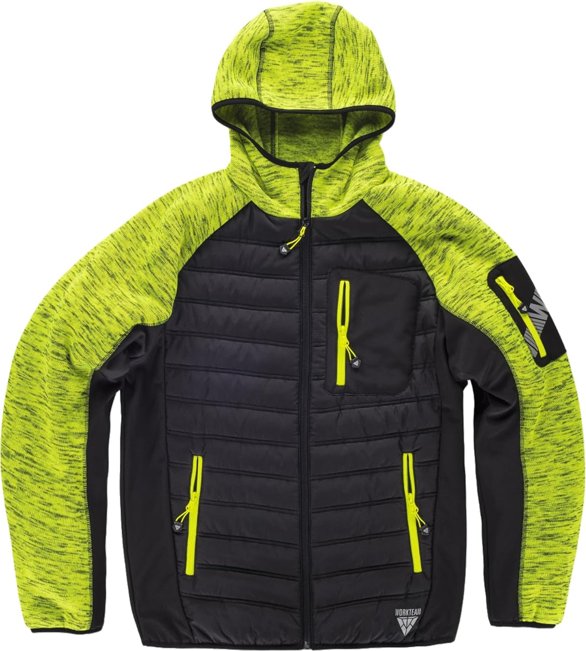 WORKTEAM Chaqueta de Punto Acolchada con Capucha, Combinada con Tejido Softshell, Cierre de Cremallera, Bolsillos con Cremallera, Cuello Alto y Bies Elástico, Unisex