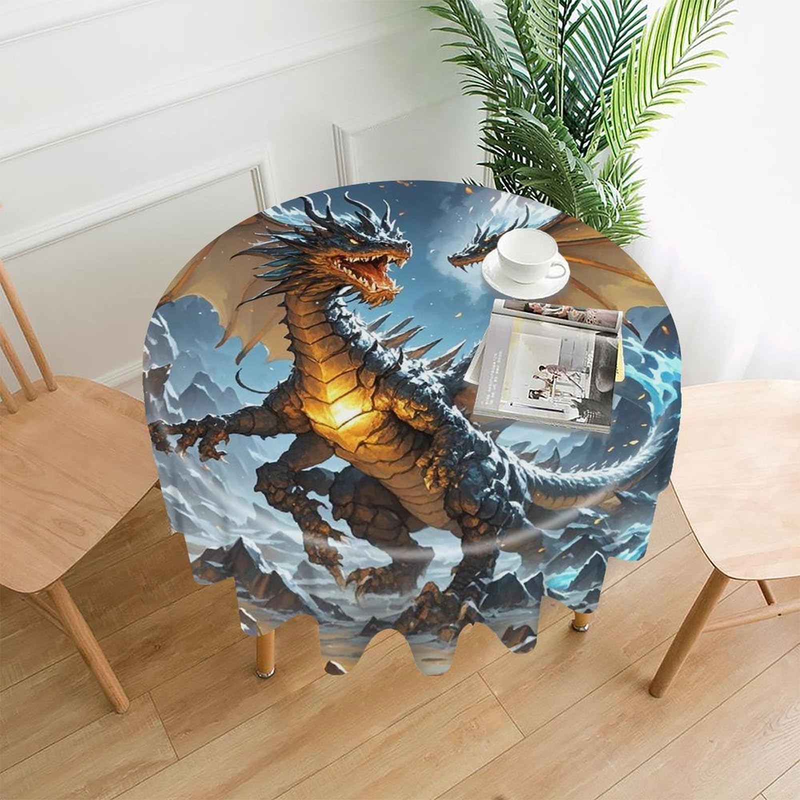 FekiLoot Fire and Ice Dragons Tablecloth Decorative Round Table Cloth Wrinkle Resistant Washable Circle Table Cover Round Tablecloth for Picnic Party Camping Dining 60 Inch