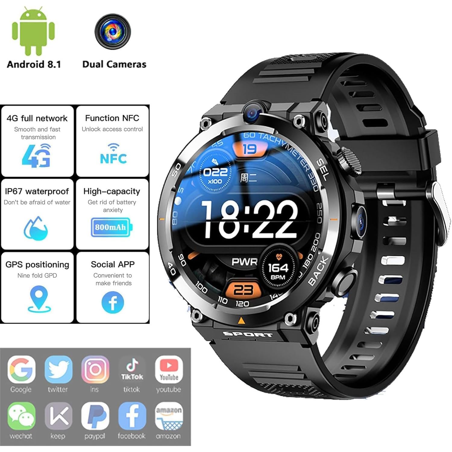 Reloj inteligente con tarjeta SIM 4G, pantalla redonda de 1.38 pulgadas, cámara dual HD, NFC, WIFI+LBS+posicionamiento GPS, batería de 900 MA, ideal para hombres