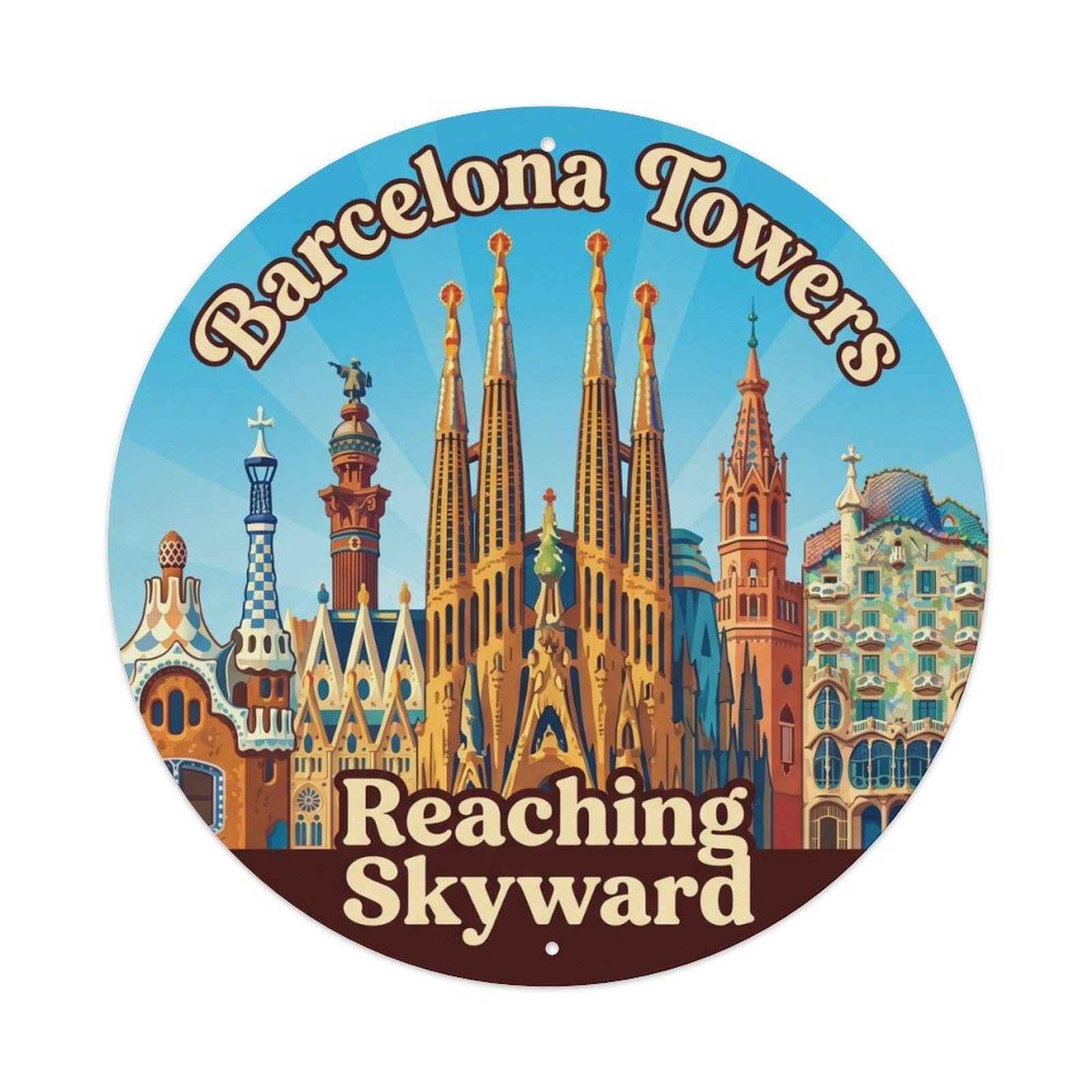 Vintage Travel Barcelona Tower Spanish Landmark Metal Tin Sign Plaque Wall Decor for Cafe, Club, Garden Round Metal Poster 8x8Inch
