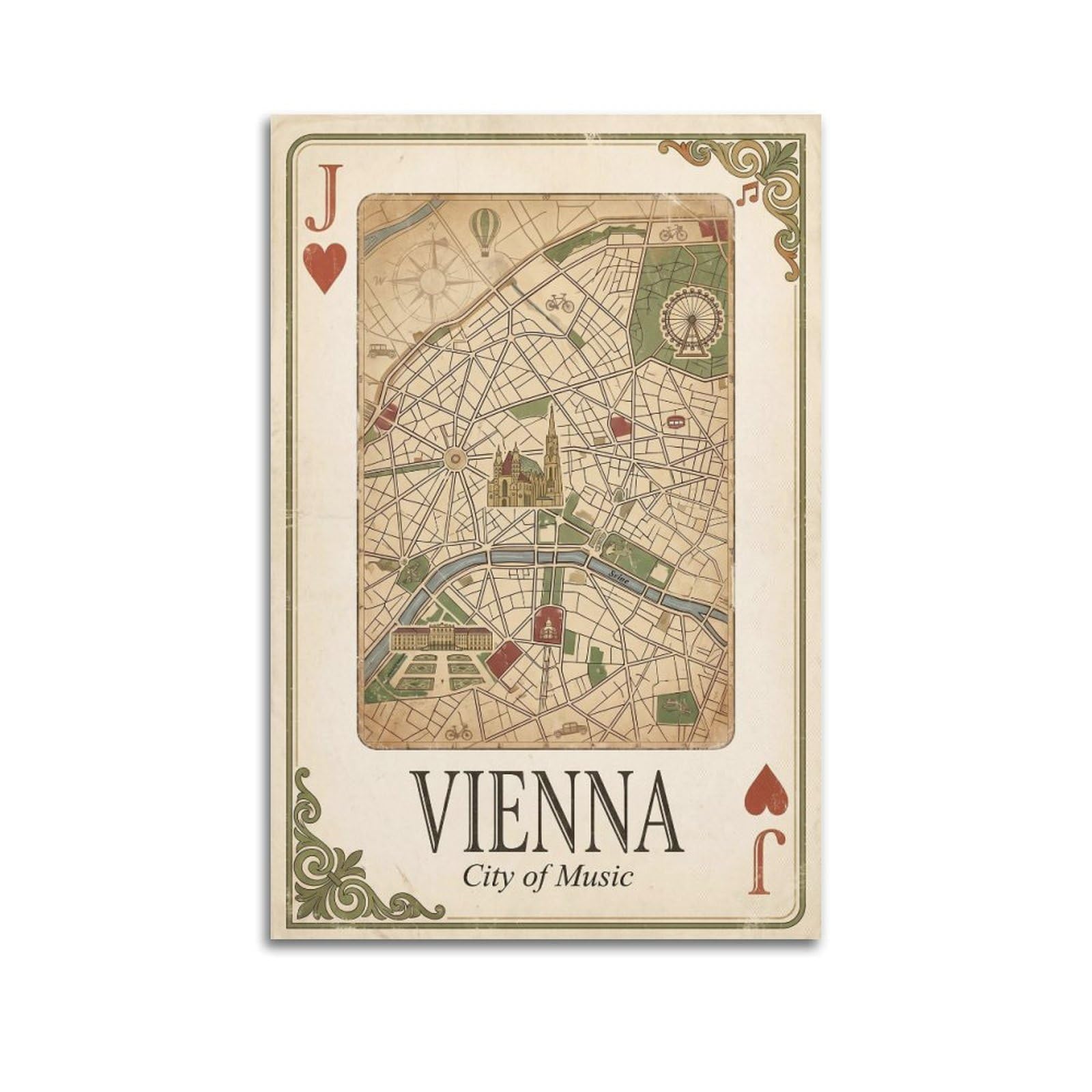 OKNGB Vintage City Map Poster Vienna Music City Austria Playing Card Style Decorative Painting Canvas Art Picture 24x36inch(60x90cm)