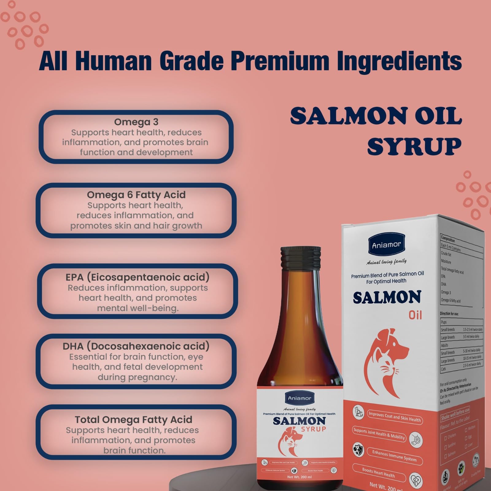 Aniamor Salmon Syrup for Dogs and Cats | Salmon Oil for Dogs | Pet Supplement| All Life Stage | 200ml Bottle 1