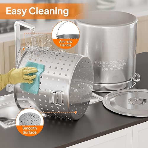 Miniatura 4 de ROVSUN Olla de acero inoxidable 82QT para hervir mariscos con cesta coladora, tapa y gancho, olla versátil para cangrejo, langosta, camarones,