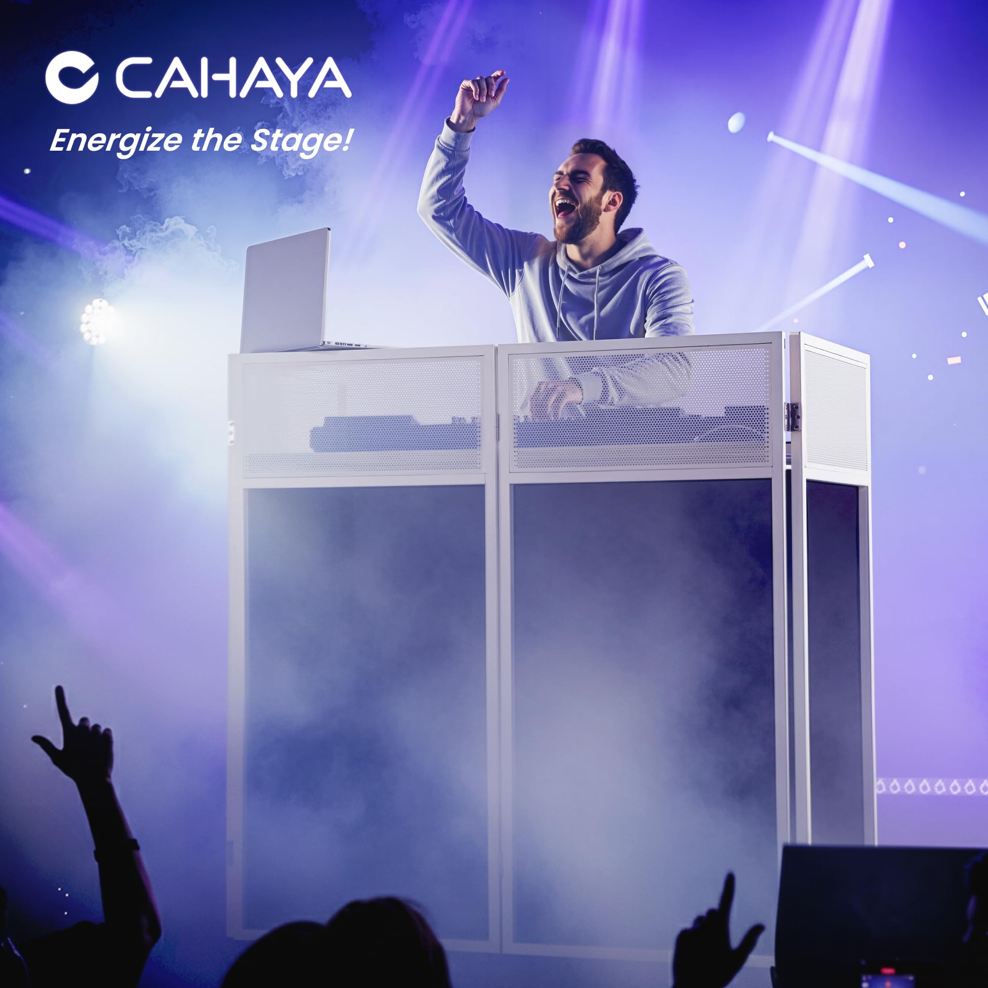 CAHAYA Table de DJ Mobile Pliable – DJ Booth Professionnel avec Panneaux en Tissu Noir et Blanc, Cadre en métal Solide, Gestion des câbles et Sac de Transport, Station de Travail DJ pour Manette et