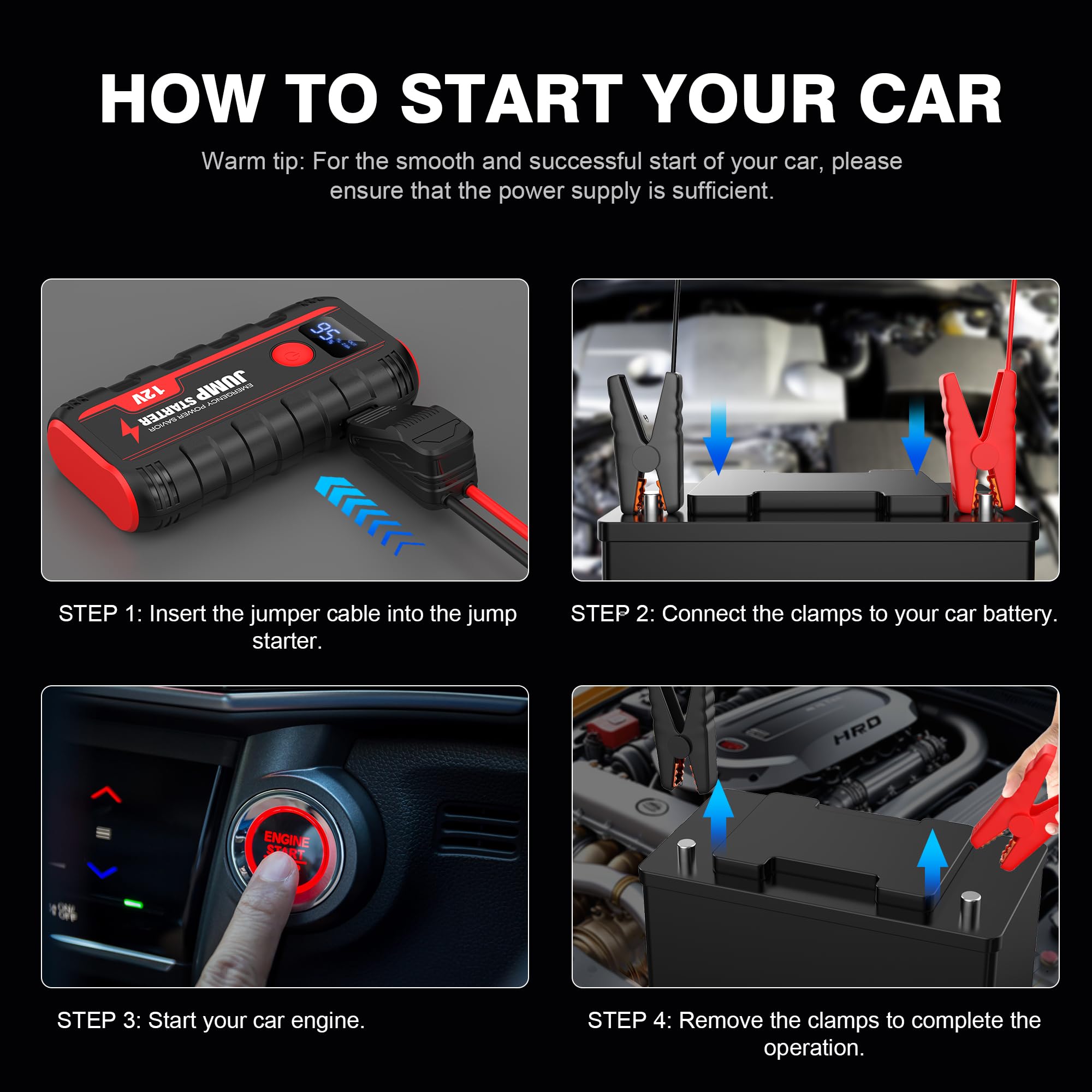 Booster Avviamento Auto Avviatore Batteria - Portatile Moto Emergenza Jump Starter Buster Professionale avviatore Motori 12 V 2000A 13200Mah Adatto per Benzina da 6L e Diesel 5L