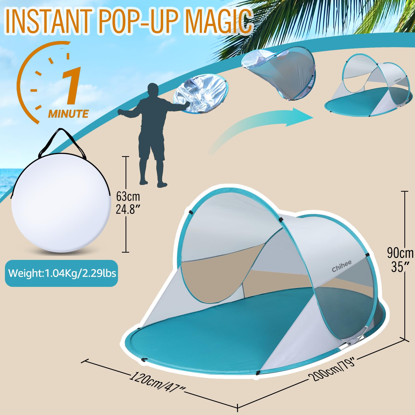Chihee Tienda de Playa emergente para Acampar con protección Solar y protección UV Tejido Recubierto de Plata Malla Transpirable Bolsas de Arena adicionales fácil de Montar Toldo portátil la Playa