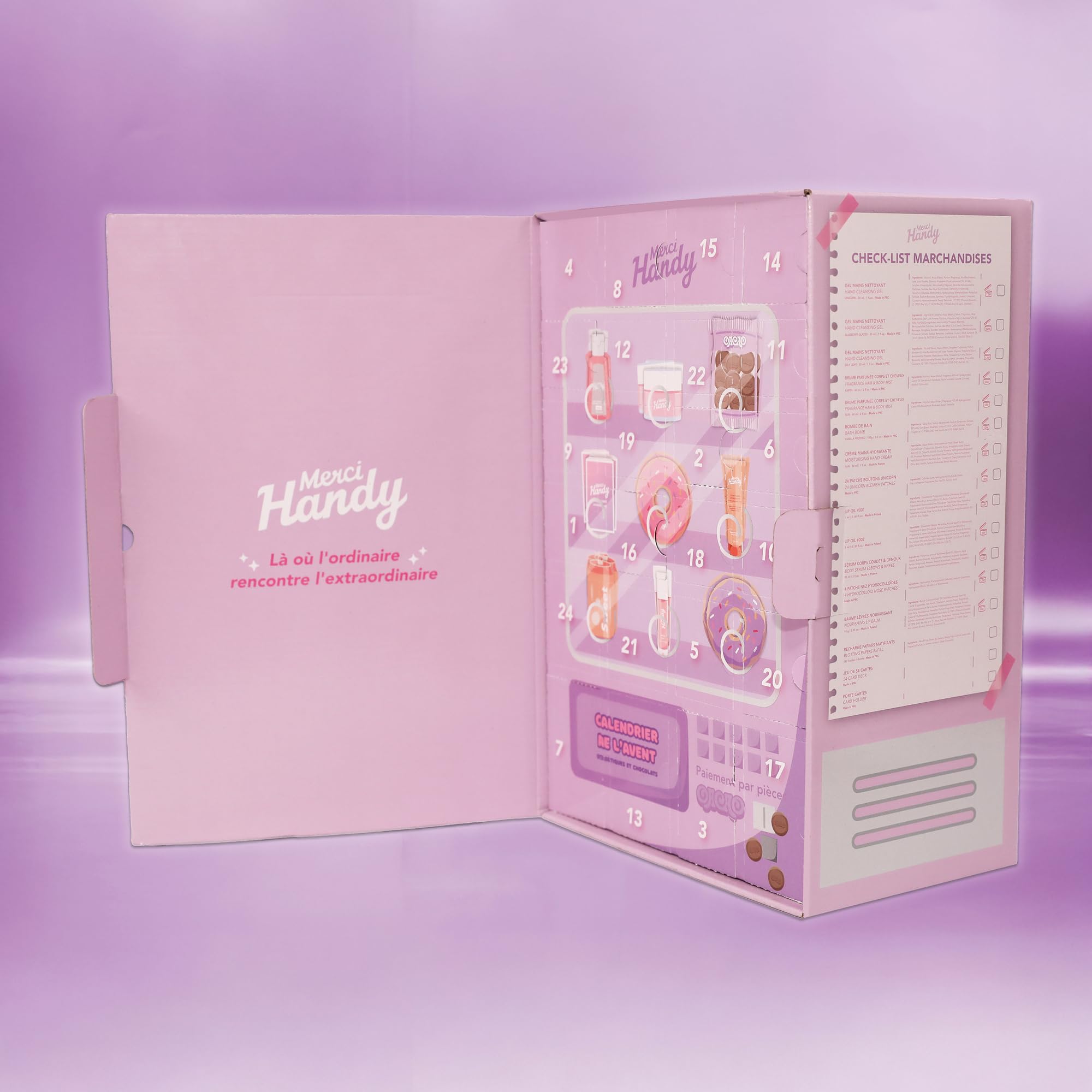 Merci Handy - Calendrier de l'Avent 2025-24 surprises enchantées - 16 cosmétiques, 8 chocolats - Combo beauté-chocolat unique - Édition limitée avec collaboration prestigieuse - 100% recyclable