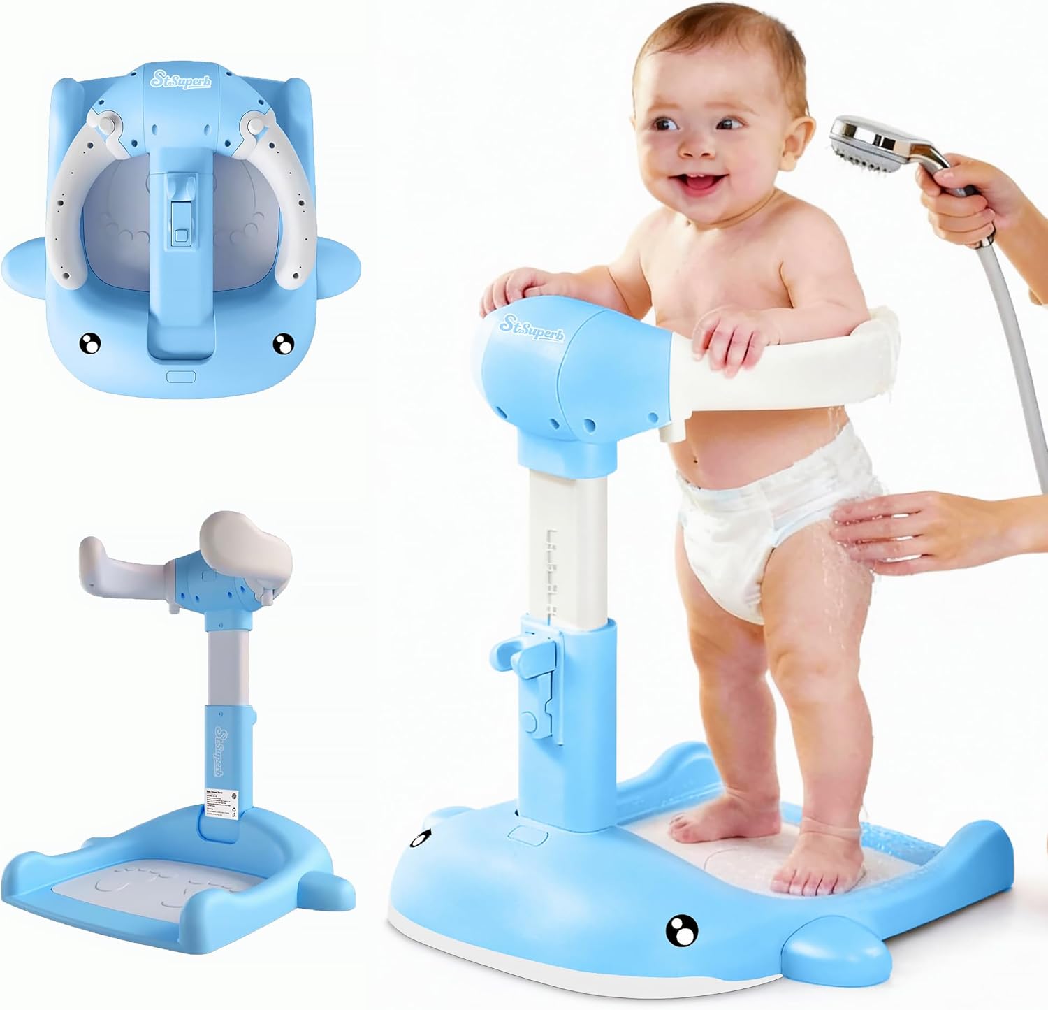 Foldable Baby Shower Stand, Toddler Shower Stand with Anti-Slip Base & Anti-Pinch Silicone, Baby Shower Standing Support 6-36 Months,Baby Stand Up Shower |Soporte para Bañera de Bebé (Blue Whale)