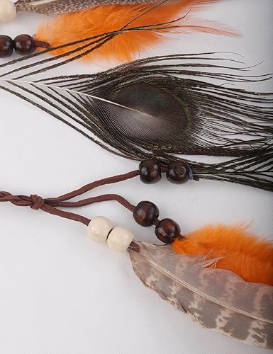 Miniatura 4 de Jumwrit Diadema de plumas bohemias indias hippie gitano colorido pavo real pluma borla tocado ajustable cuerda de cáñamo cuentas accesorios para