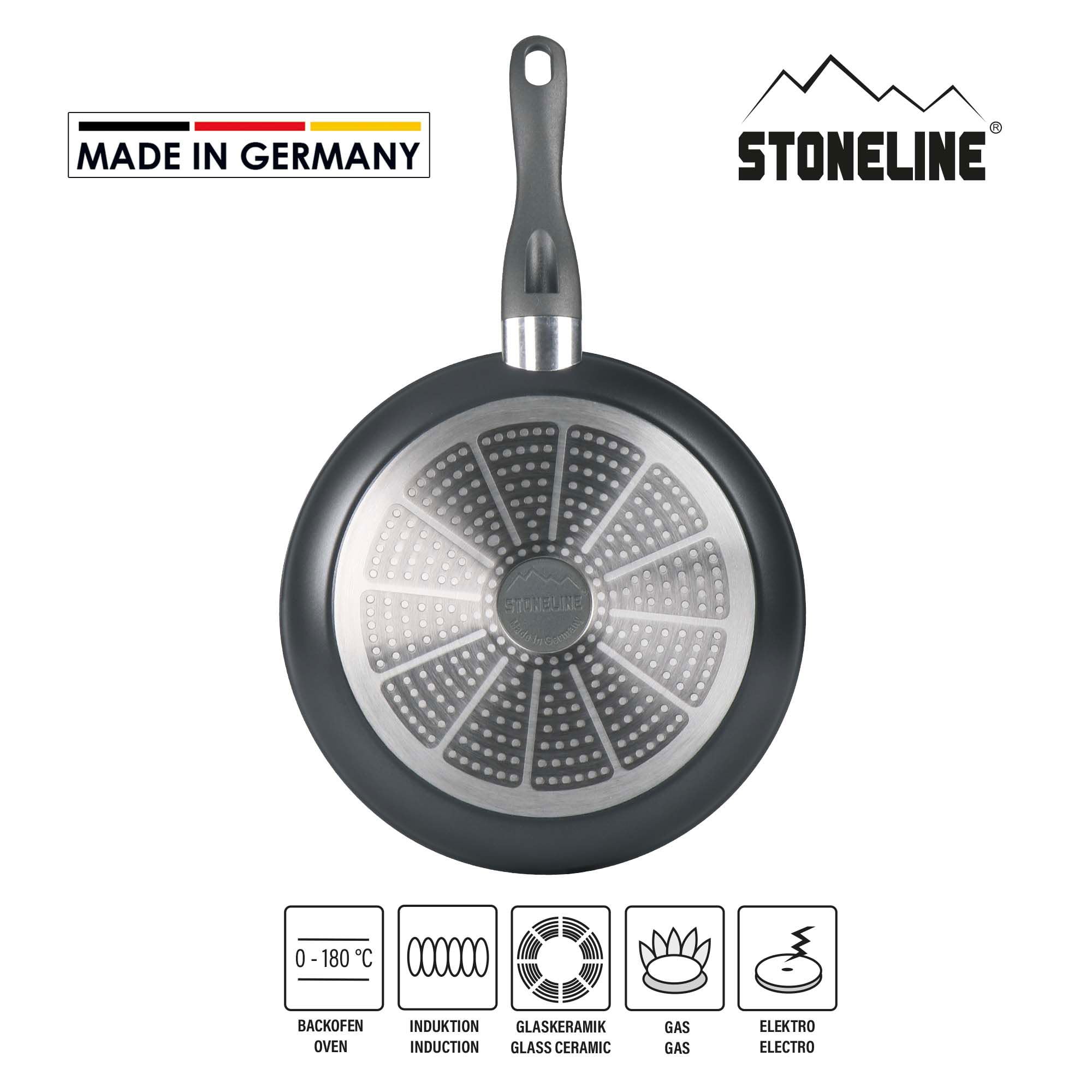 STONELINE FRESH Sartén Antiadherente 28 cm Sartén Grande Sartén Inducción MADE IN GERMANY Revestimiento Antiadherente con Partículas de Piedra Reales, Todo Tipo de Cocinas, Cocinar Sin Grasa