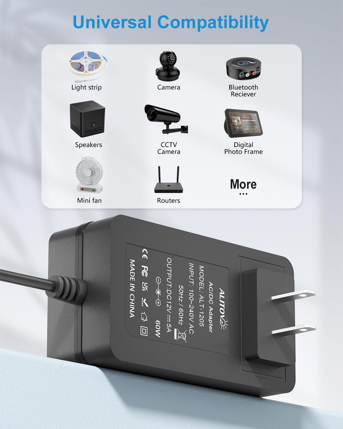 ALITOVE 12V Power Supply 5A AC Adapter 100~240V 50-60hz to 12 Volt 5 Amps Transformer 6.2FT with 14 Tips for LED Light CCTV Security Camera Speaker Router 12V Sceptre Monitor Power Cord
