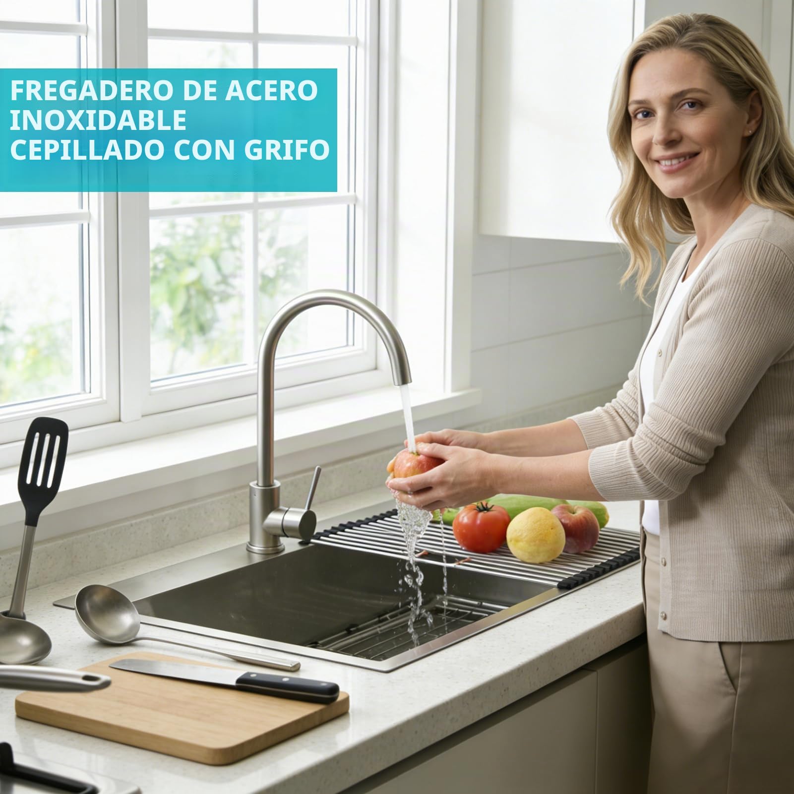 Fregadero de Cocina Profesional 80x50 de Acero Inoxidable Cepillado, Seno Único para Encimera o Empotrable, con Grifo, Escurridor, Estante, Dispensador de Jabón y Sifón - Moderno y Grande