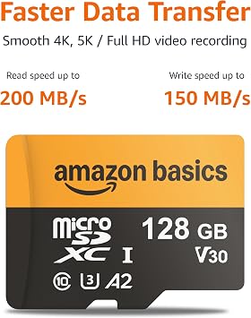 Amazon Basics 128GB microSDXC Memory Card with Adapter for Smartphones, Drones, Cameras, Full HD, Read Speed Up to 200MB/s, 1-Pack