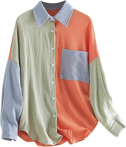 Miniatura 4 de Camisas de manga larga con botones y bolsillo para mujer, estilo casual, con solapa, estilo retazos, blusas de ajuste holgado