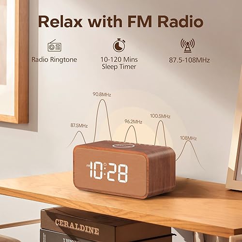 Miniatura 4 de ANJANK Reloj despertador de madera para dormitorio, altavoz Bluetooth con radio FM, estación de carga inalámbrica para iPhoneSamsung, alarma dual,