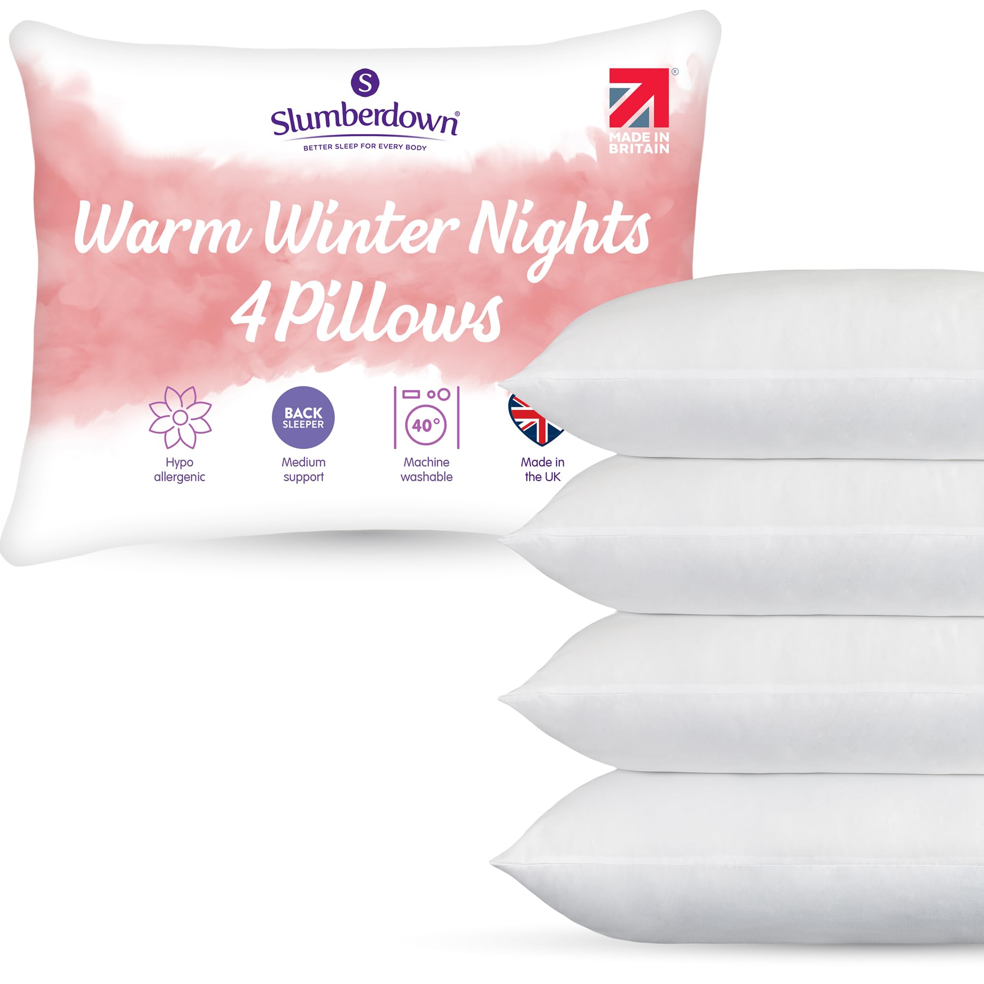 Slumberdown Warm Winter Nights Bed Pillows 4 Pack - Breathable & Non-Allergenic Medium Support Back Sleeper Pillow | UK Made, Soft Touch Cover, Washable (48 x 74cm)