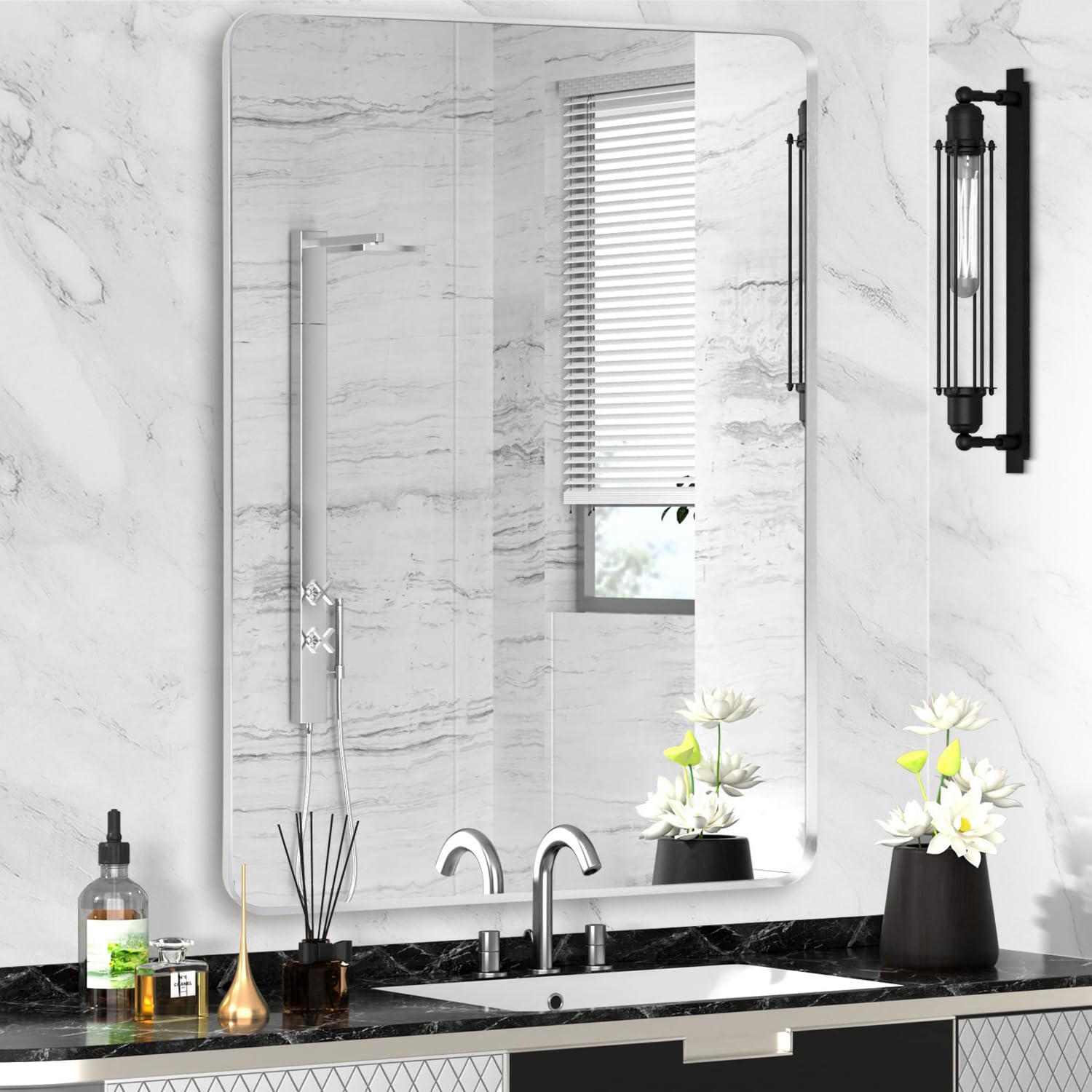 Silver Bathroom Mirror 28x36in, Metal Framed Rounded Rectangle