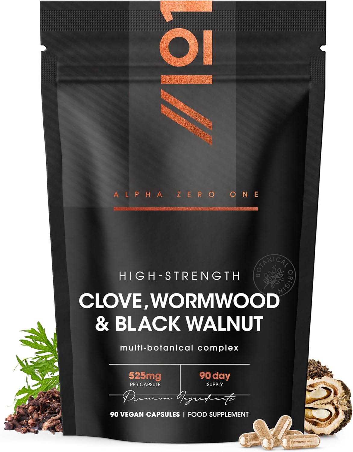 Clove, Wormwood & Green Black Walnut Hull 525mg – 90 Vegan Capsules – High Strength Multi-Botanical Complex Supplement – Resealable and Recyclable Pouch by Alpha01 - Amazon product rated Grade A
