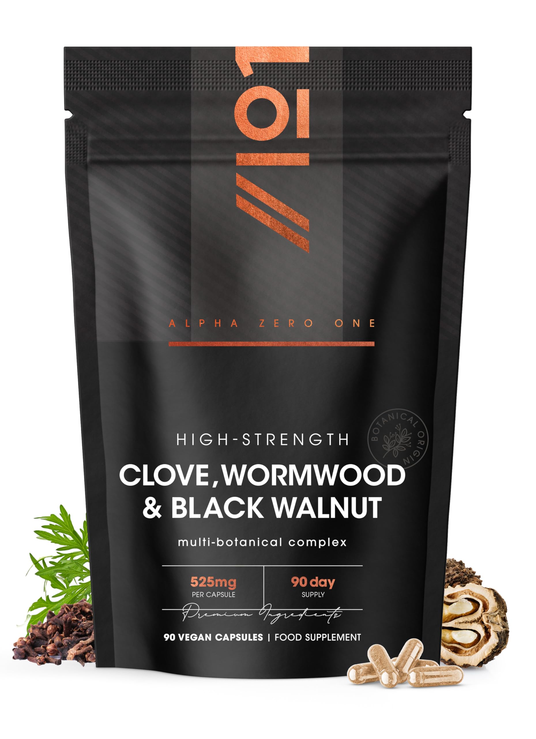 Clove, Wormwood & Green Black Walnut Hull 525mg – 90 Vegan Capsules – High Strength Multi-Botanical Complex Supplement – Resealable and Recyclable Pouch by Alpha01