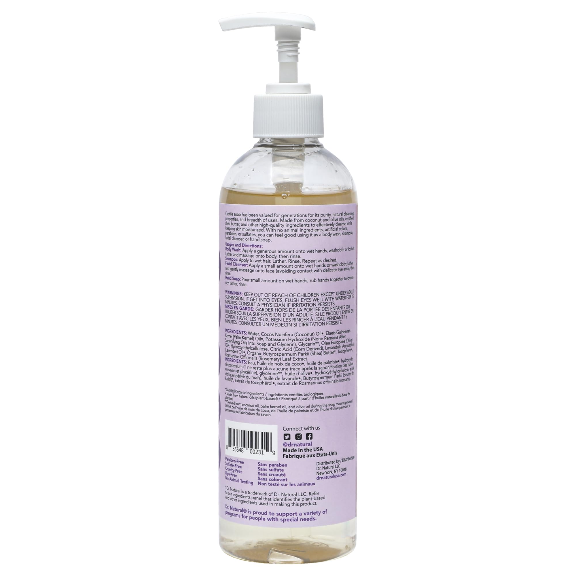 Dr. Natural Castile Liquid Soap - Gel multi-usage corps, cheveux, visage - Hydratant peau, cheveux, animaux - Lavande - 473 ml