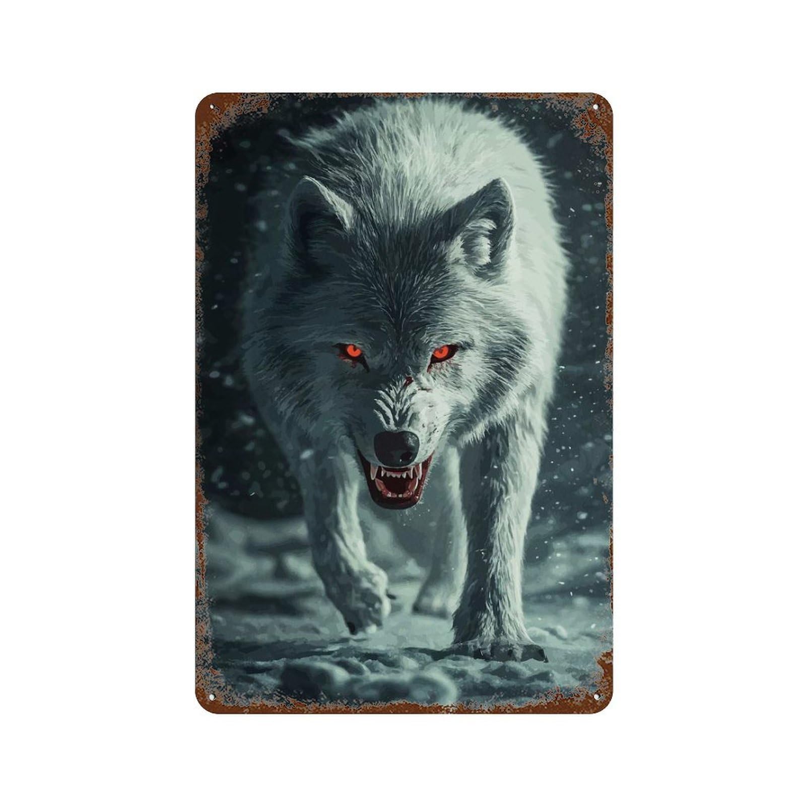 White Wolf with Red Eyes Aged Metal Wall Plaque 11.8"x7.9", Classic Wall Plaque for Garage, Pub Or Kitchen