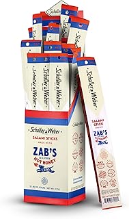 Schaller & Weber Salami Snack Sticks with Zab's Hot Honey, 0.85 Oz (Pack of 20) | Spicy Smoked Pork Salami Meat Sticks | German Style Dry Cured Sausage Sticks | Gluten Free Protein Snack