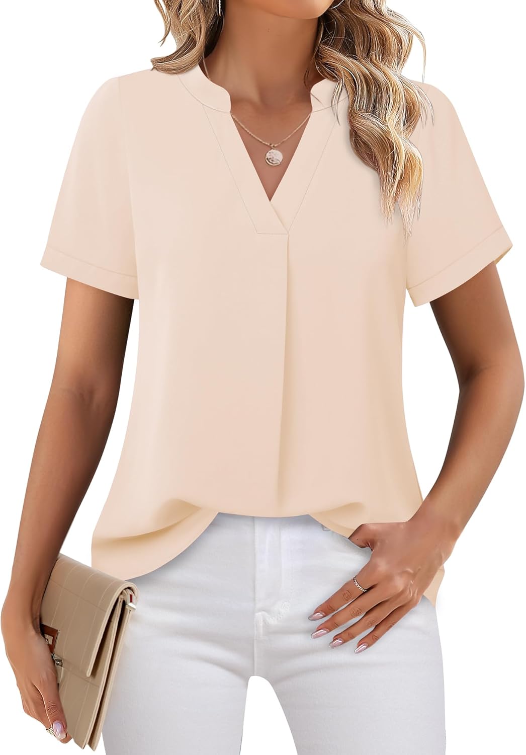 Timeson Women's V Neck Short Sleeve Curved Hem Sheer Chiffon Blouse Shirts Tops - Image 2