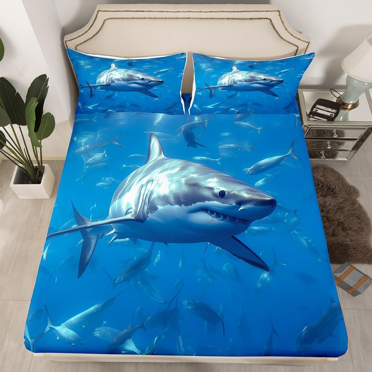 Erosebridal Shark Sheets Full 3Pcs, Underwater World Sealife Bed Sheets Set, Sparkling Sea Wave Fitted Sheet, 3D Shark Fish Bedding Set, Soft Cozy Room Decor Flat Sheet with 2 Pillow Cases