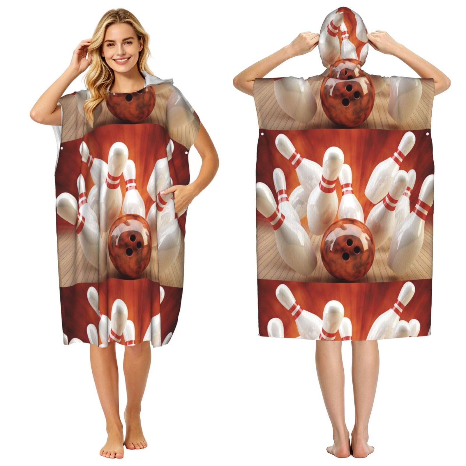 Poadnly Bowling, Adult Hooded Beach Towel 90 x 110 cm,Changing Bath Robe, Surf Poncho Towel For Women Men