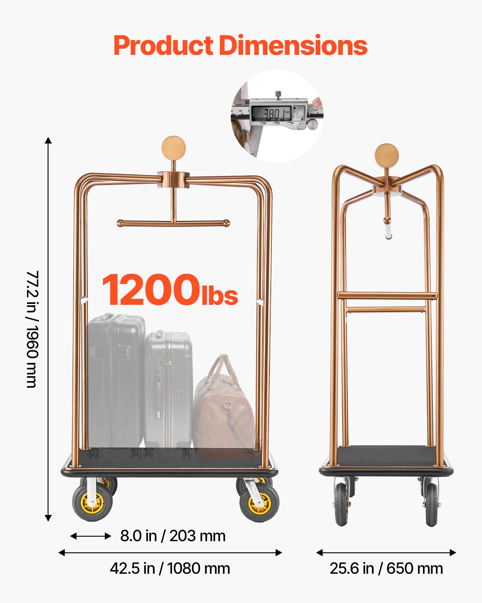 VEVOR Carrello Portabagagli per Hotel, Portata Max 544,31 kg, Carrello Bagagli Hotel con Telaio in Acciaio Inox, Ruote in Gomma da 203 mm, Pianale Rivestito in Moquette Nera, per Alberghi e Resort