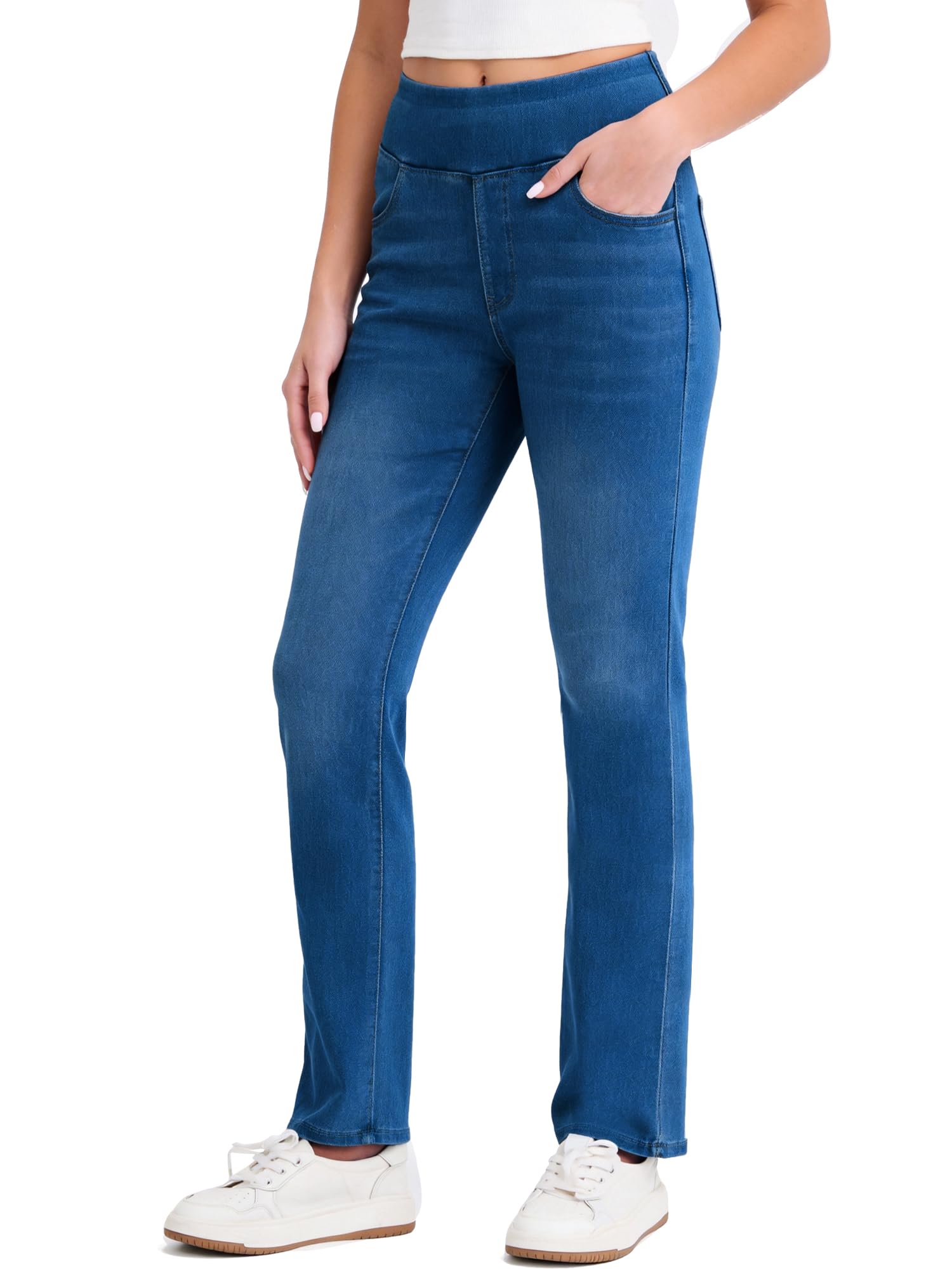 ZIRUU Damen Stretch-Denim Hohe Taille Waschbare Casual Bootcut Jeans mit Taschen Bauchsupport Hosen Elastisch Bequeme Gerade Beine Hosen