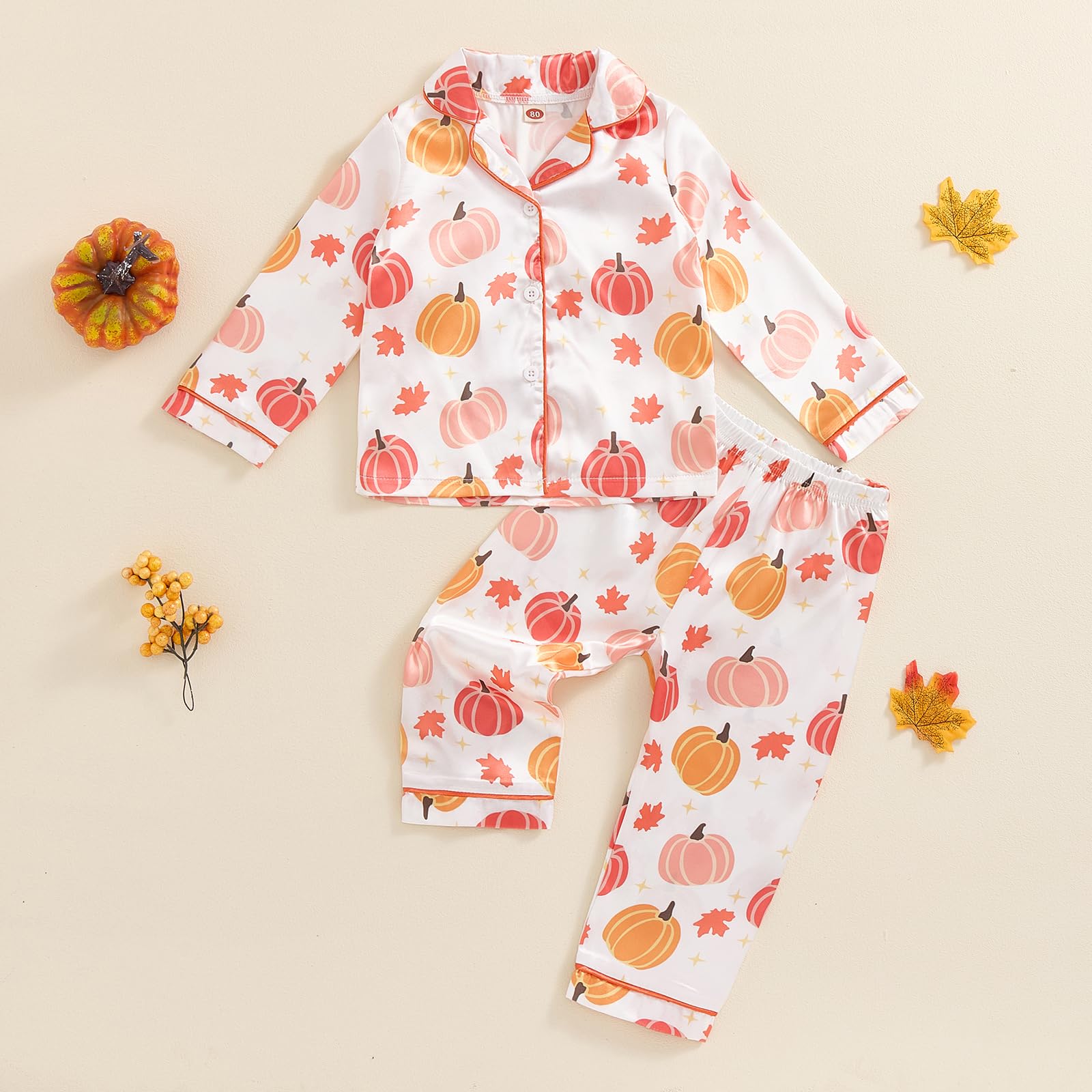 MAINESAKA Halloween Baby Pajamas Toddler Girl Boy Silk Satin Pajamas Long Sleeve Button Down Shirt Pants Pjs Set Sleepwear (B-Orange, 3-4 Years)