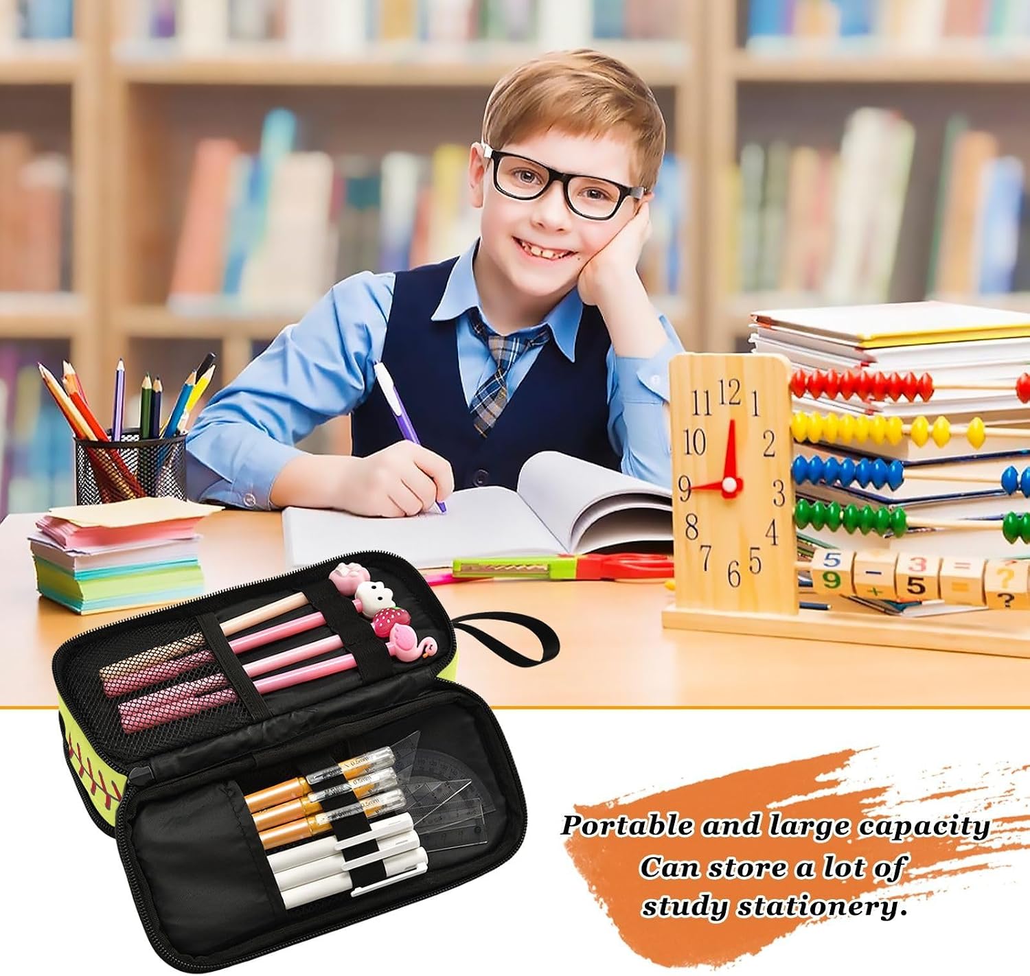 Softball Large Capacity Pencil Case Pencil Pouch Office School Large Storage Pen Bag 3 Compartment pencil box for Adults School Teen Girl Boy Men Women