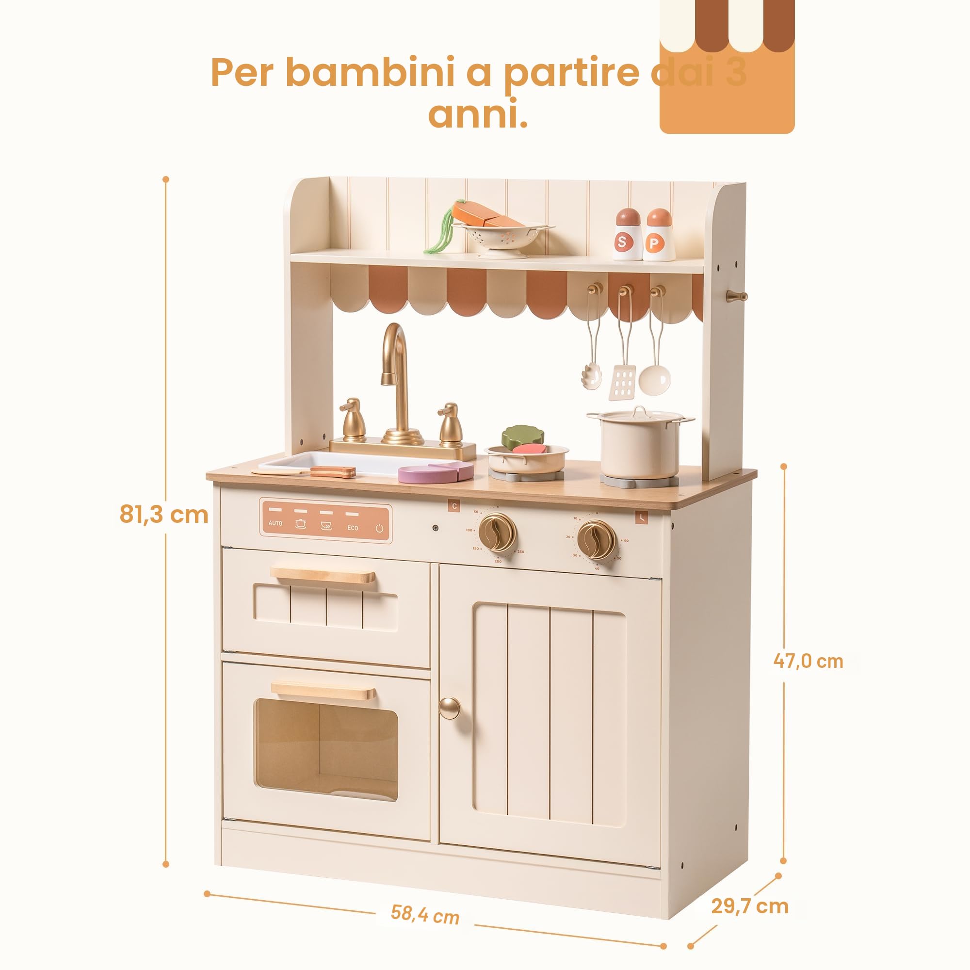 ROBUD Cucine da gioco in legno per bambini, con stoviglie, pentole, insalatiera e verdure, adatte per bambini dai 3 anni in su