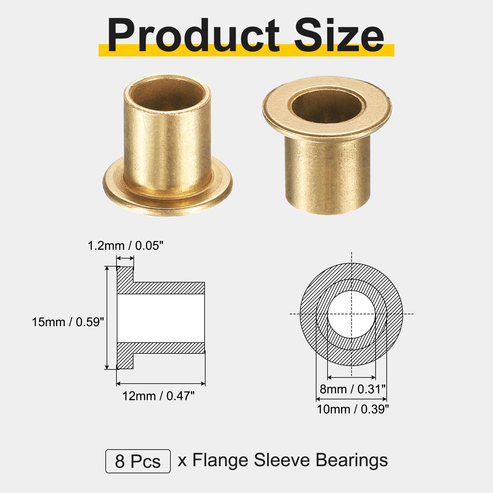 sourcing map Lot de 8 roulements à douille à bride, alésage de 8 mm x 10 mm de diamètre extérieur x 12 mm de longueur, bagues auto-lubrifiantes en bronze fritté