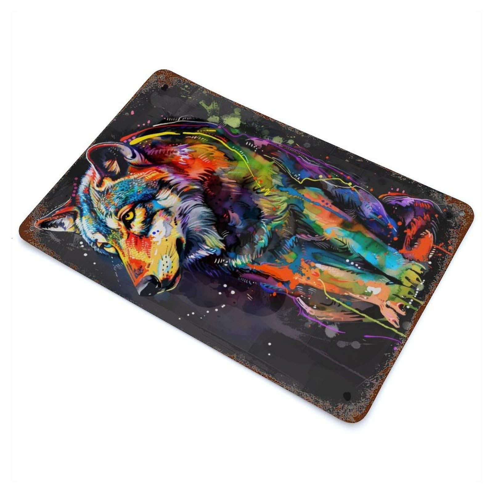 Rust Effect Wolf Popart Painting Distressed Metal Wall Sign 11.8"x7.9", Decorative Metal Wall Art for Living Room, Hallway And Home Decor