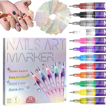 12 Colors Nail Art Markers + 24 Reusable Stencil Stickers Set, 0.5MM 3D Nail Painting Pens, Quick Dry, Ideal for and Salon, Gift for Christmas, Valentines, Mothers Day Classic Silver Packaging